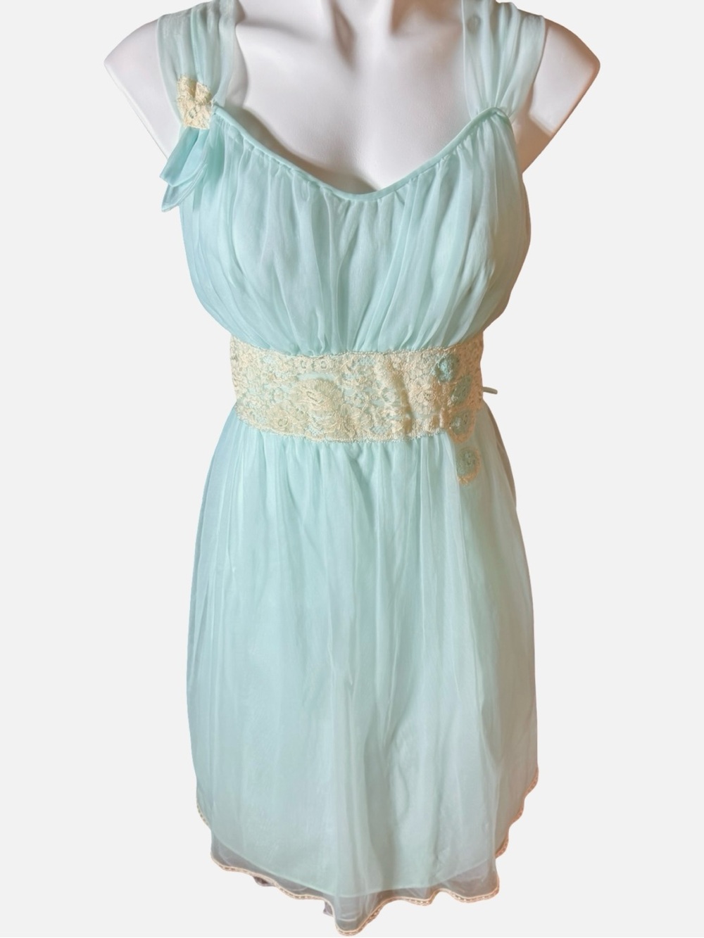 Miss Elaine Vintage Mint Blue Chiffon Lace Nightgown Medium 1960s Babydoll - Picture 6 of 12